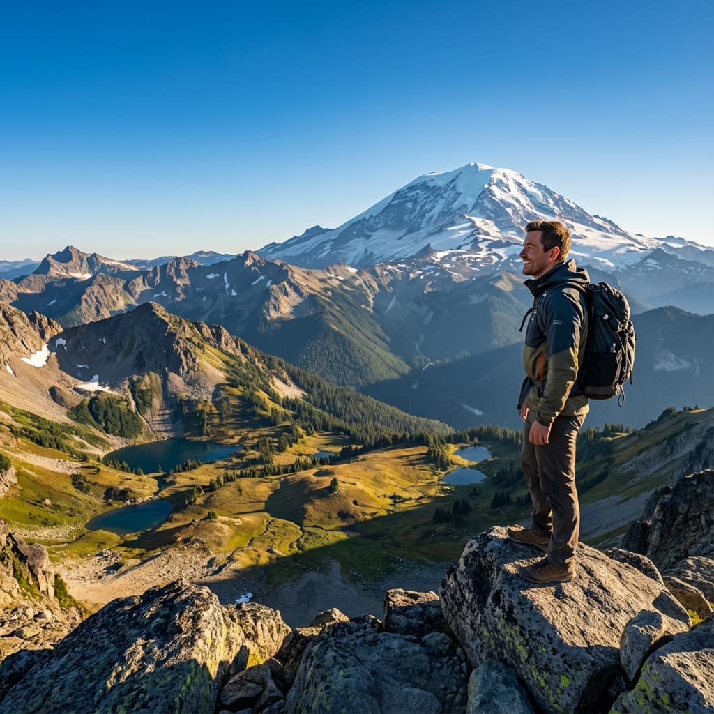 Traveler overlooking mountain peak